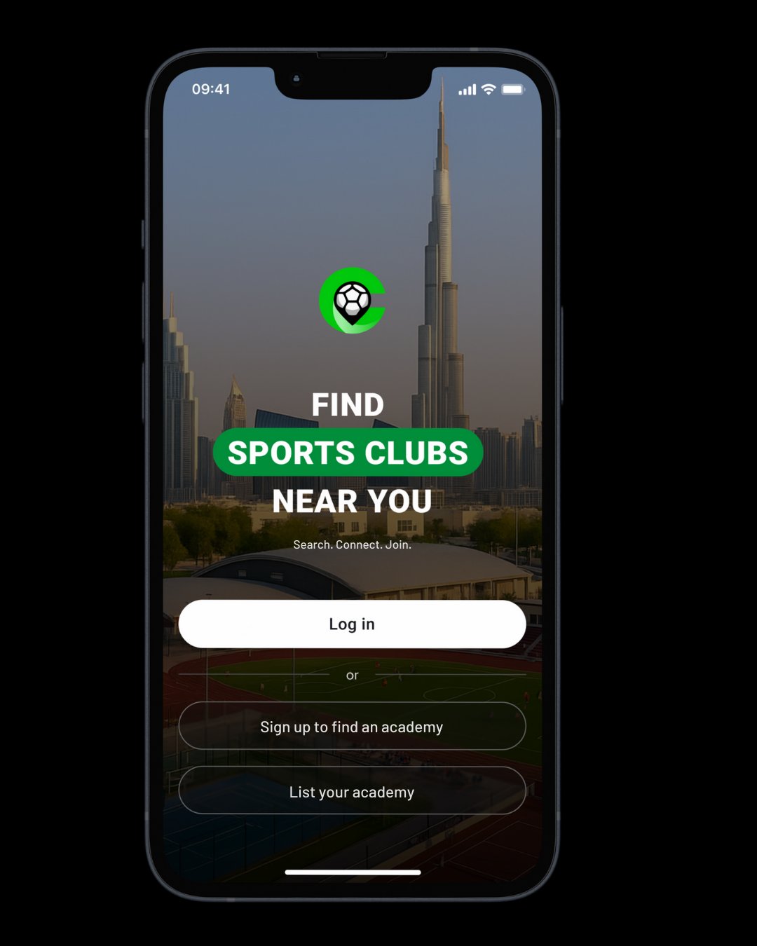 The Clubble app home screen showing how parents find sports clubs in the UAE