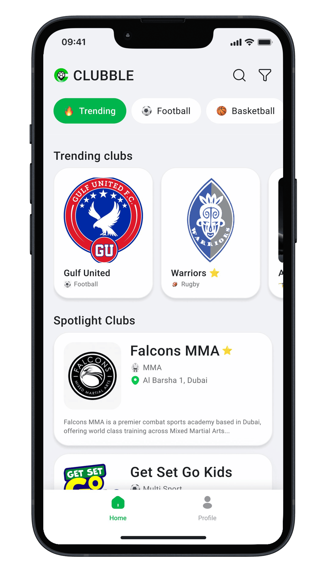 Clubble home screen with trending and spotlight clubs