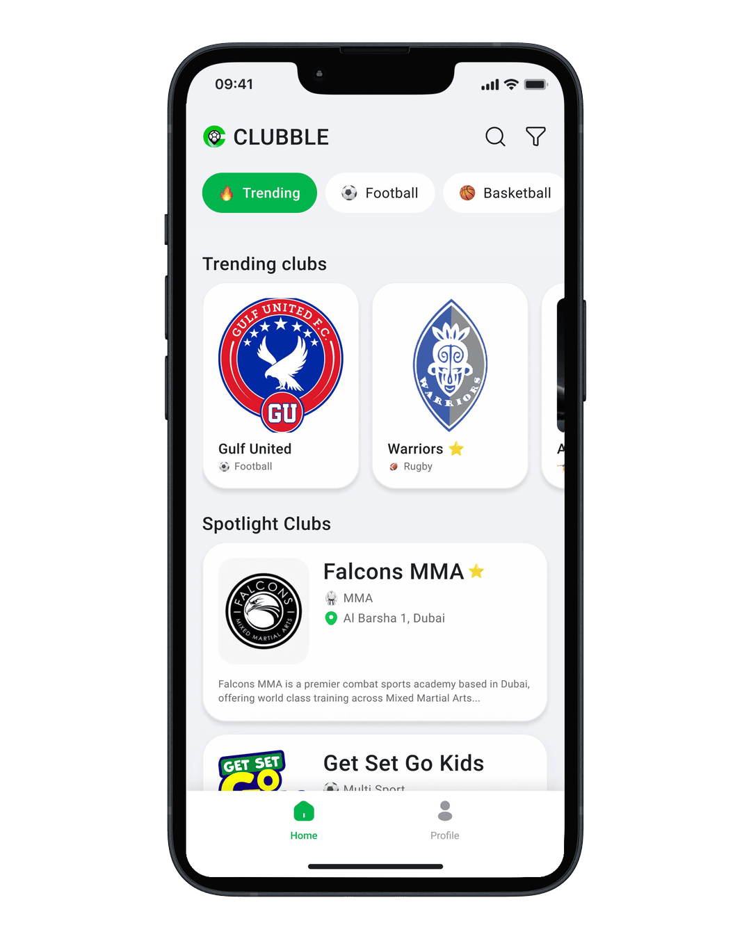 Clubble home screen where parents start their search with featured clubs and trending sports