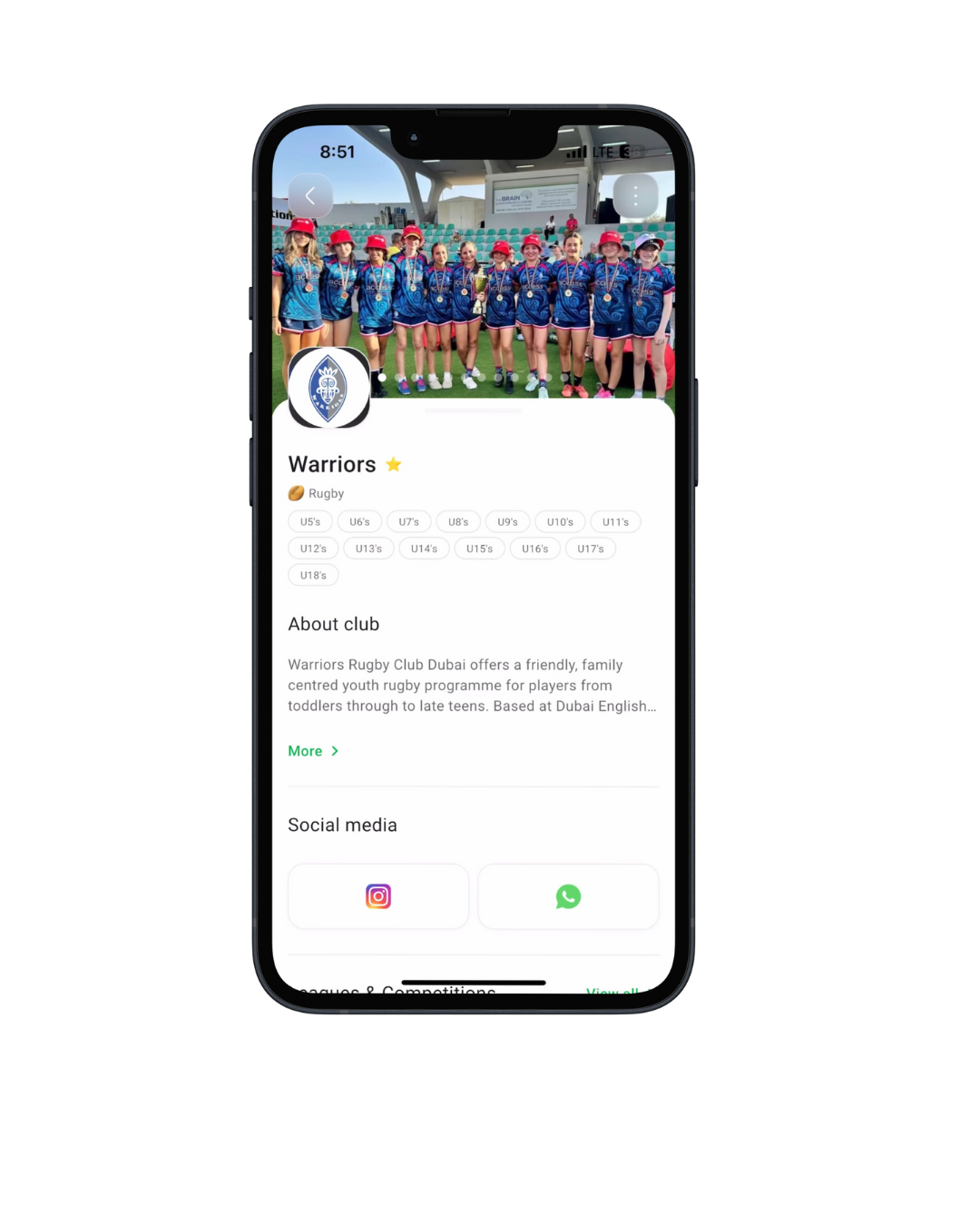 Warriors Rugby Academy profile on Clubble showing age groups, bio and social media