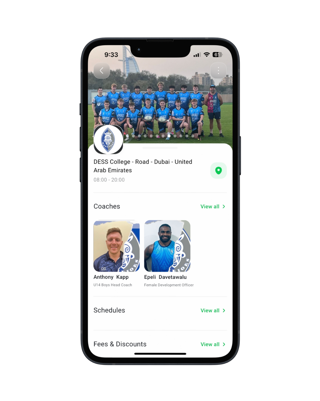 Academy coaches, schedules and fees shown on the Clubble profile