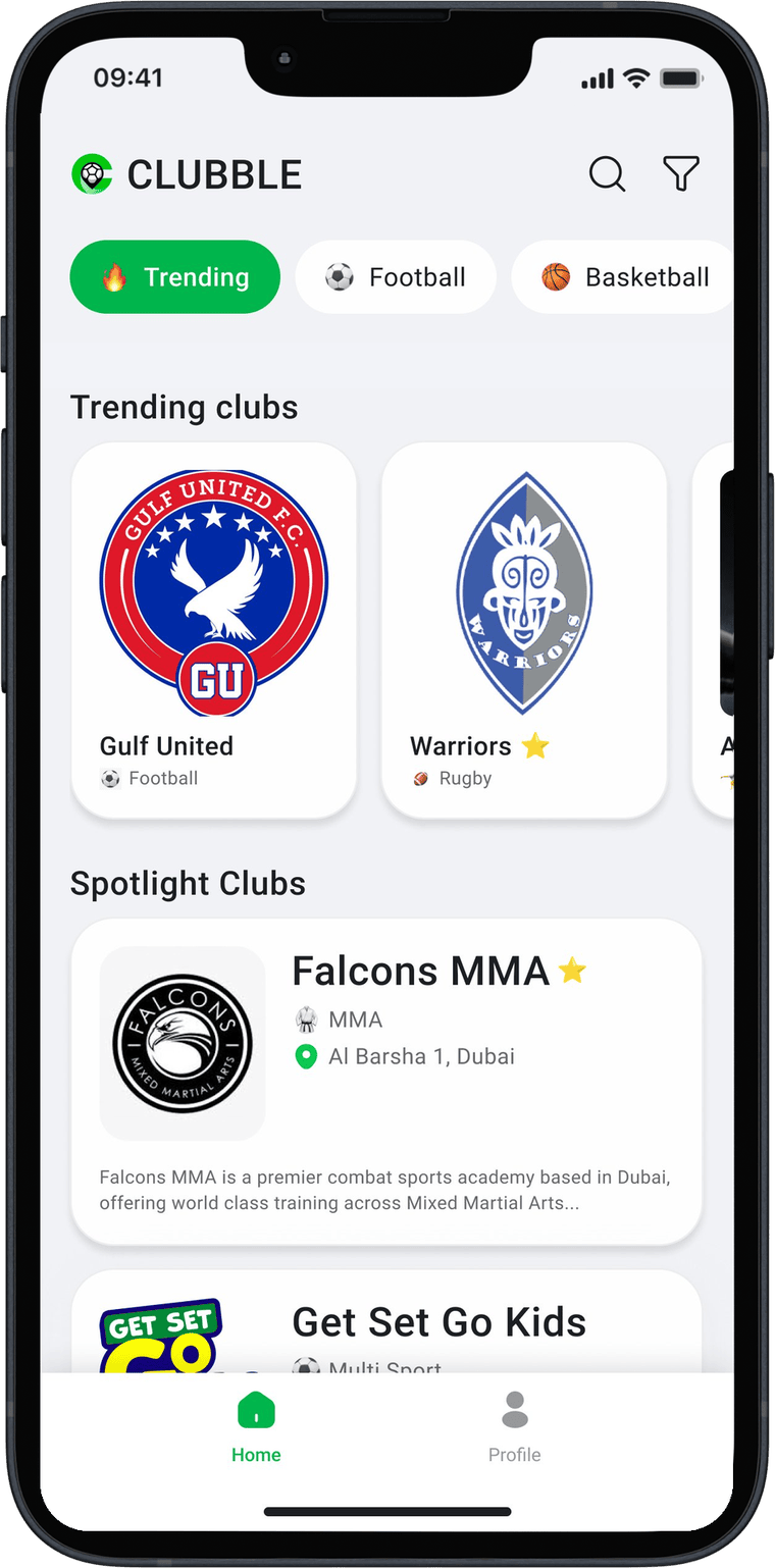 Clubble app home screen showing approved academies live for parents