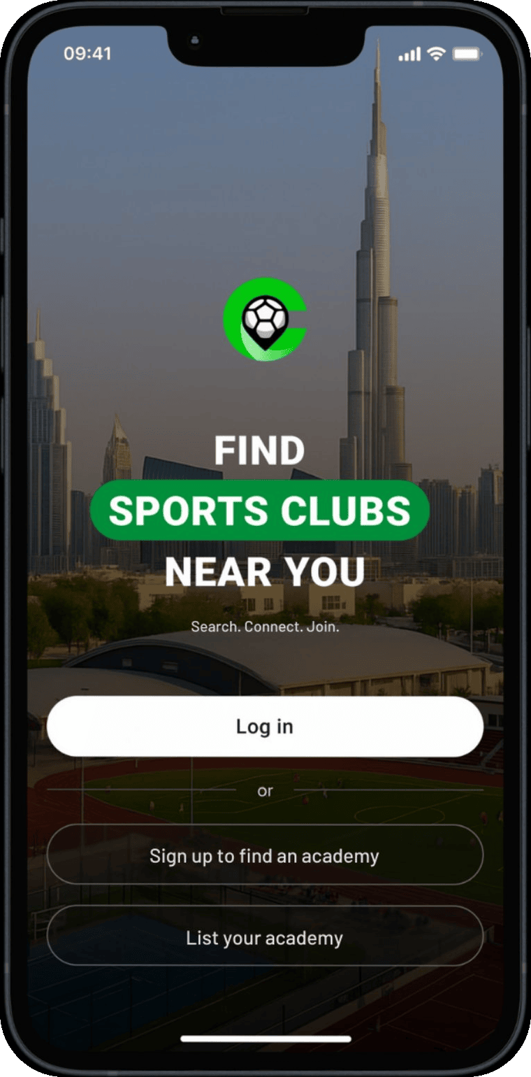 Clubble app login screen with List your academy option