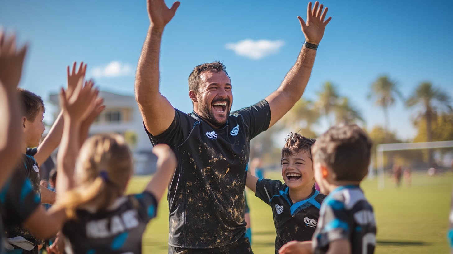 A sports academy coach celebrating with a group of children after a successful session in Dubai