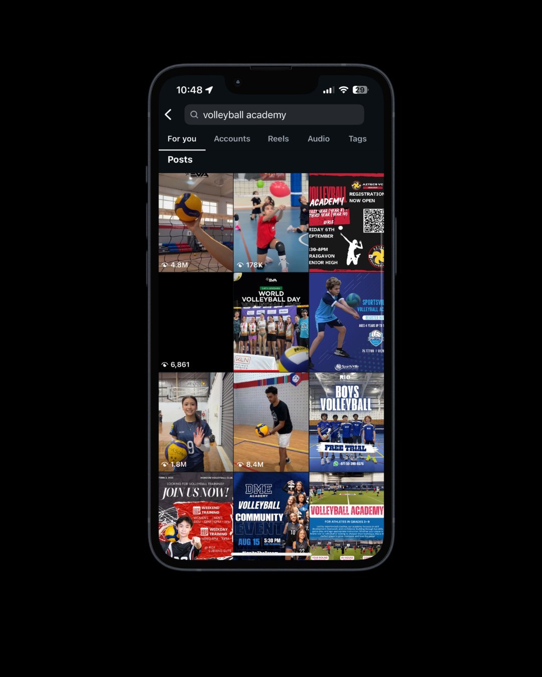 A smartphone showing an Instagram search results page cluttered with similar sports academy adverts and posts