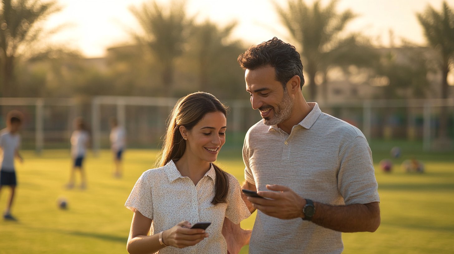 Two UAE parents chatting on the sidelines of a sports academy session sharing recommendations