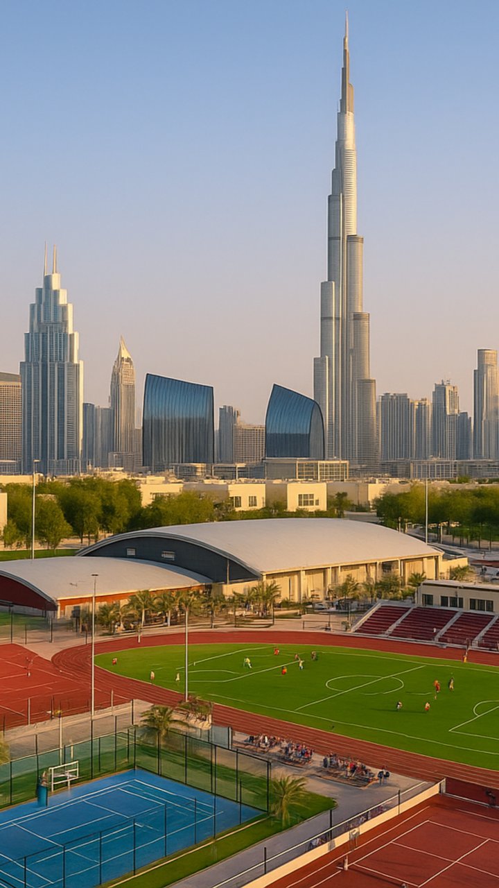 UAE sports facility with running track, football pitch, tennis courts and the Dubai skyline including the Burj Khalifa in the background